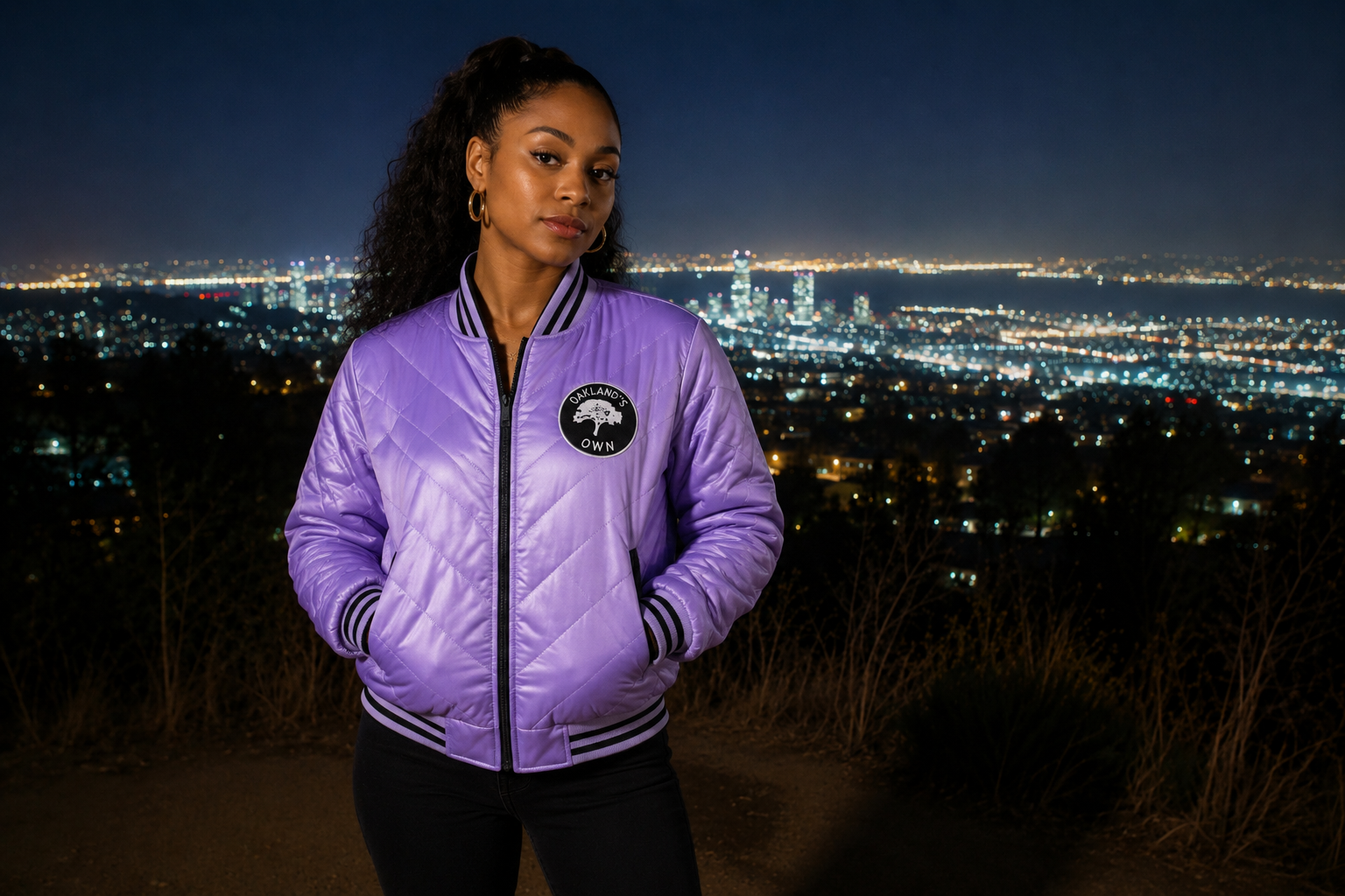 Lavender Oakland Quilted Bomber Jacket | Oakland's Own Embroidered